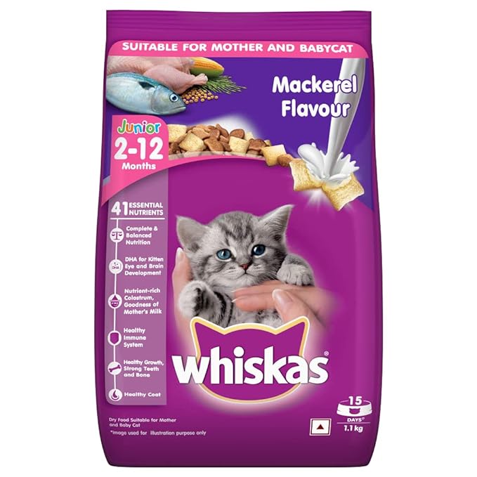 Whiskas Kitten (2-12 months) Dry Cat Food, Mackerel Flavour, 1.1kg Pack